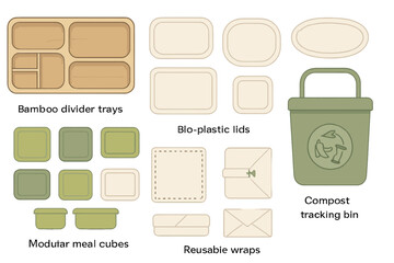 Illustration of sustainable meal containers, bio-plastic lids, reusable wraps, and a compost tracking bin.