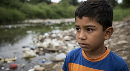 Pensive Boy Amidst Polluted Riverbank
