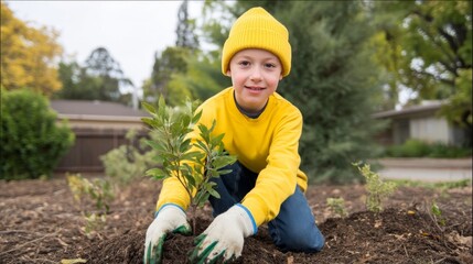 A young Caucasian boy in vibrant yellow joyfully plants saplings, celebrating Earth Day and National Gardening Week amidst verdant surroundings