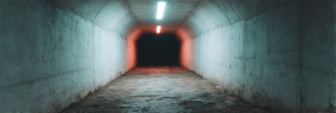 Dimly lit concrete tunnel evokes urban exploration, cryptic shadows, Samhain mystery, old passageways entwined with whispers of history