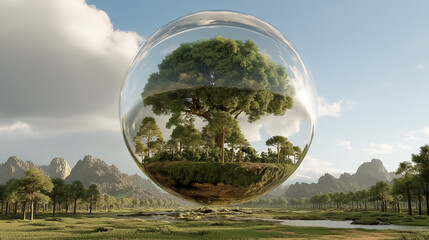 A giant transparent globe with a miniature forest inside, floating above a green landscape, symbolizing care for Earth