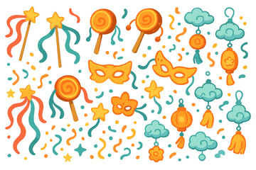 Seamless festive pattern with masks, lollipops, stars, and lanterns