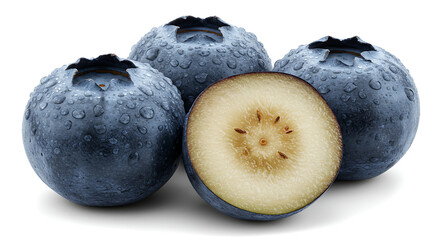 Obraz premium Fresh Blueberry Trio with Dewdrops and Halved Fruit on White Background