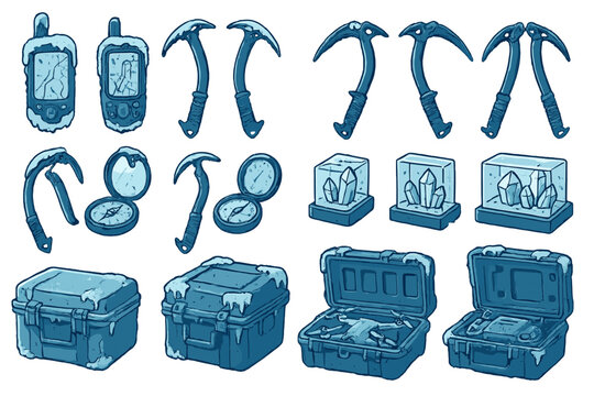 Detailed frozen survival game icons featuring gear and crystals