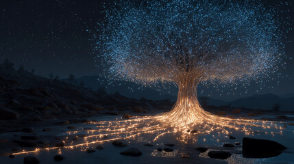 Glowing tree of light with fiberoptic roots linking to stars, symbolizing spiritual connection