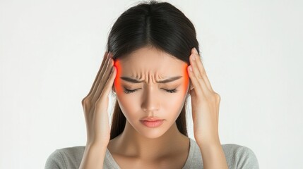 Fototapeta premium A woman with dark hair, wearing a gray shirt, is holding her head in pain, with her eyes closed and her hands on her temples, against a white background.