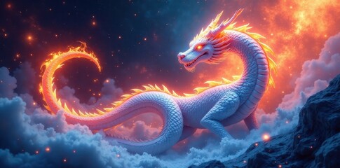 Abstract fiery ice dragon, celestial coils, swirling nebula, vibrant, space