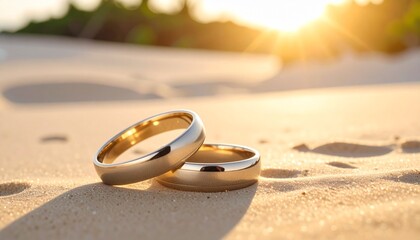 Wedding Rings on Sand with Sunset Light – Destination Wedding Concept