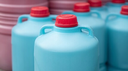 Turquoise jugs with bold crimson lids evoke utilitarian whimsy, perfect for World Water Day or Earth Conservation Week