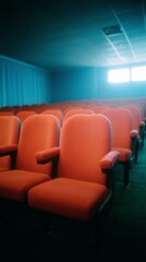 Fototapeta premium Twilight whispers in empty cinema seats, unseen stories lingering, perfect for Rosh Hashanah musings or World Storytelling Day