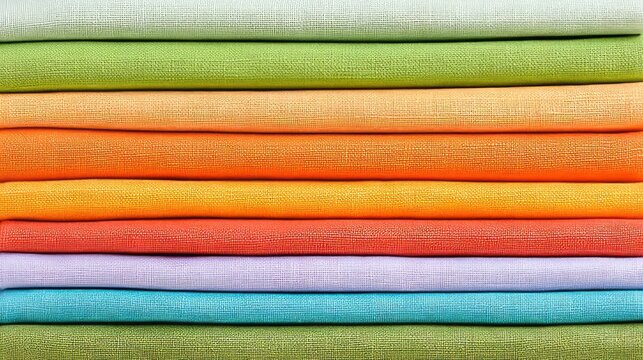 Multicolored linen layers, vibrant textile symphony, evoke Quiltfest exuberance, tactile joy of Karneval closet renewal, rainbow unity