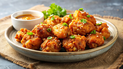 Crispy korean fried chicken pieces served on plate with sesame seeds and green onions. Korean fried chicken is prepared with special sauce. Delicious korean fried chicken concept for restaurant menu.