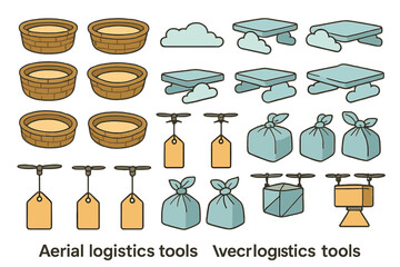 Illustration of aerial logistics tools, including drones, cargo, and cloud symbols.