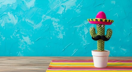 Mexican Cactus Fiesta Silly Prickly Friend with Sombrero on Blue Backdrop.