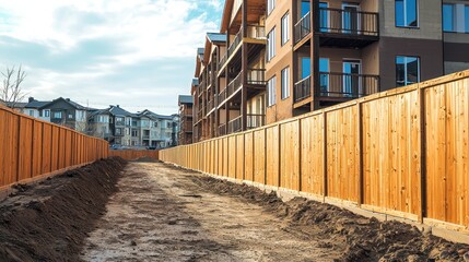 A residential area with a wooden fence, apartment buildings, and a dirt path leading to a building.