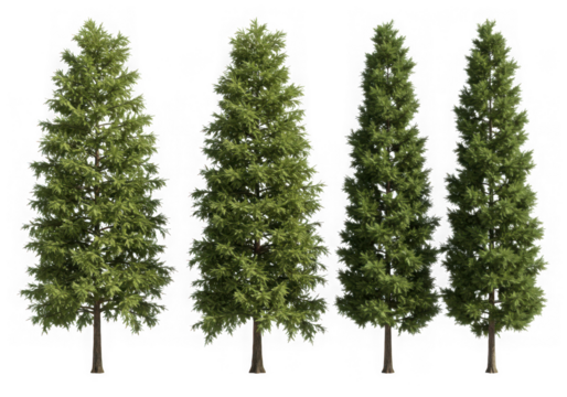 Four evergreen trees isolated on transparent background
