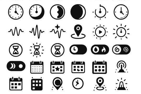 Set of black icons related to time, scheduling, and notifications.