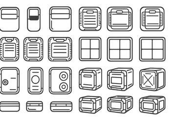 Futuristic tech container and module icon set with cubes and control panels