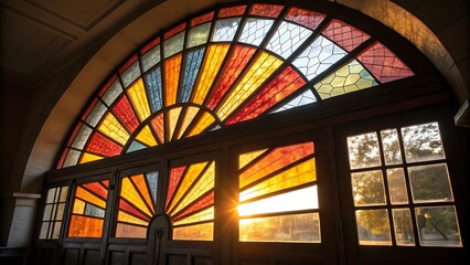 Stunning stained glass arched window with colorful sunburst design and sunlight streaming
