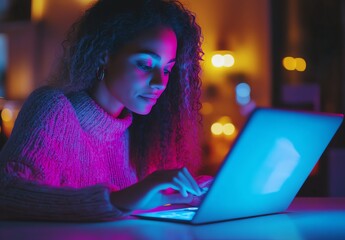 Young woman using a laptop with colorful neon lighting.