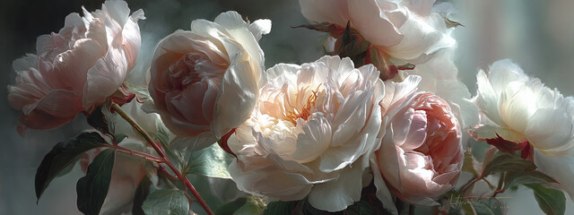 Soft pastel bouquet of peonies and roses with glistening petals in early morning light