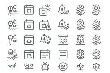 Set of icons representing plant care management including watering schedules, sun exposure, pest alerts, flowering stages, and gardening reminders.