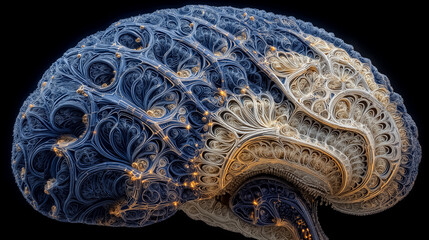 3D brain-inspired curves with fractal patterns and digital light accents, deep learning and AI fusion art