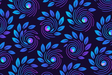 Seamless neon floral pattern with glowing leaves and swirling orbs
