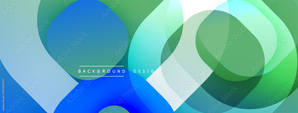 Poster Abstract geometric shapes overlap. Blue, green hues dominate design. Modern aesthetic, clean lines create visual interest. Background features text.