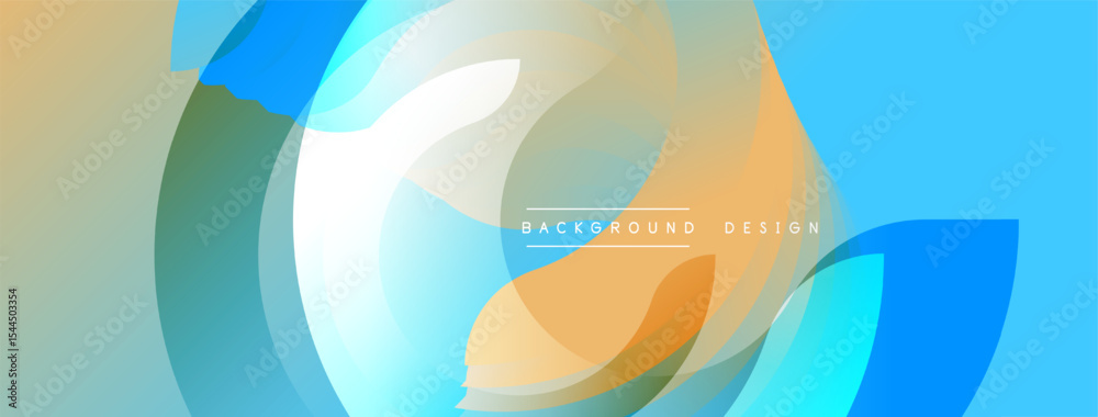 Poster Abstract fluid shapes overlap, creating dynamic colorful composition. Light blue dominates with orange accents. Modern design element.