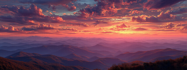 Autumn sunset over mountain range, vibrant red orange purple hues, soft clouds floating above