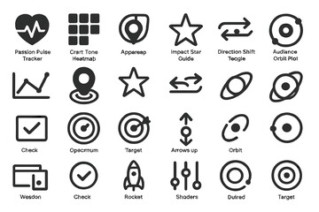 Futuristic icon set with graphs, targets, rockets, and orbit designs