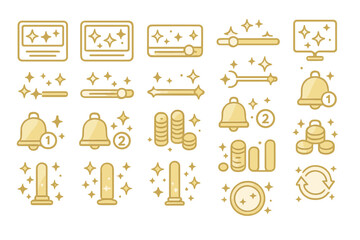 Set of 12 gold vector icons featuring notifications, coins, and progress indicators.