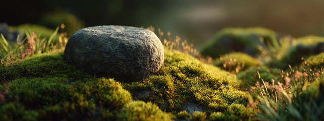 Stone resting in green moss, soft diffused light highlighting peaceful simplicity