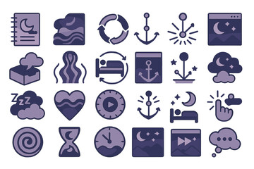 Dark-themed dream and sleep icon set with moons, anchors, and clouds