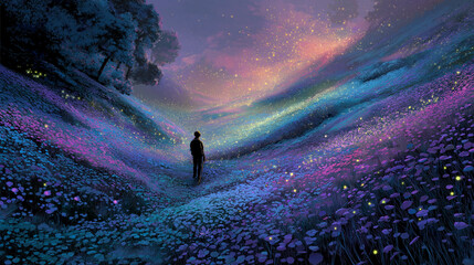 Human figure walking through field of glowing flowers, each transforming sunlight into energy orbs lighting the path
