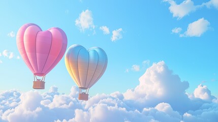 Obraz premium Heart-shaped hot air balloons float among fluffy clouds.