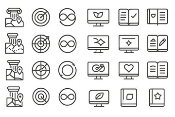 Set of icons for navigation, technology, and educational tools.