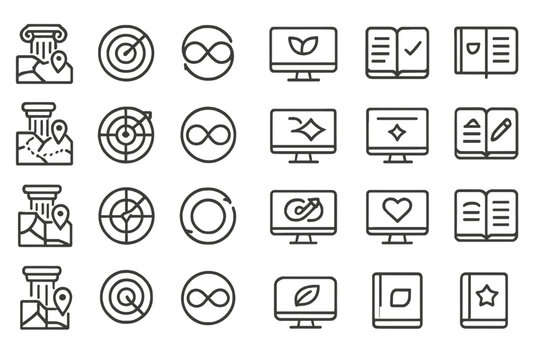 Set of icons for navigation, technology, and educational tools.