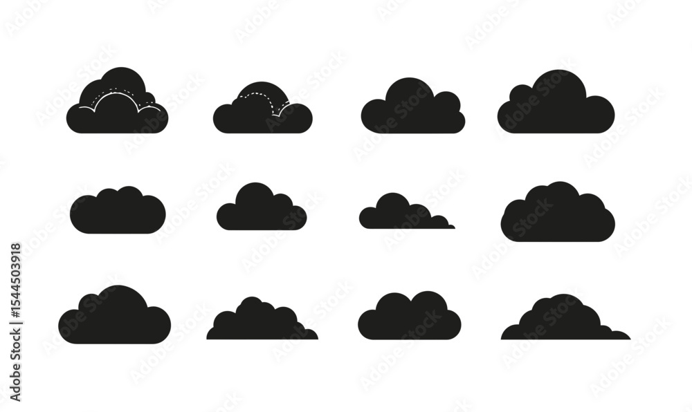 Wall mural set of twelve simple black cloud icons in various minimalist flat shapes isolated on white backgroun