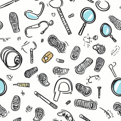 Hand drawn seamless detective pattern with magnifying glass footprints fingerprint evidence and crime investigation tools in doodle style vector illustration