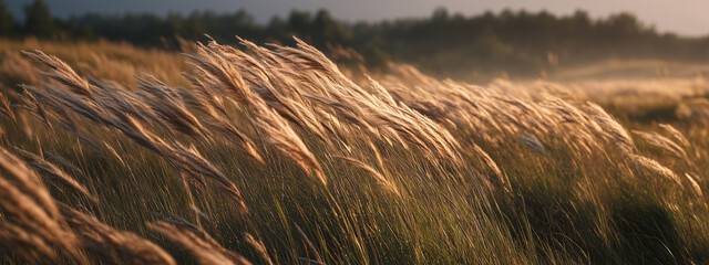 Field of tall waving grasses with soft golden light and gentle breeze in background