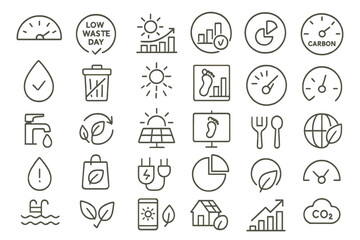 Fototapeta premium Environmental icon set showing energy, waste, water, and carbon tracking symbols