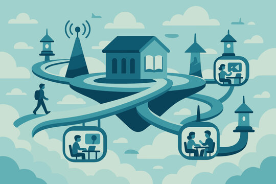 Floating digital school with remote learning pods and cloud pathways