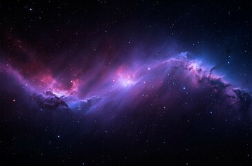 Panoramic view of a colorful space nebula with vibrant shades of purple, pink, and blue, set against a deep black star-filled sky