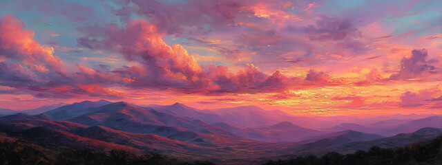 Autumn sunset over mountain range, vibrant red, orange, purple landscape, soft clouds above