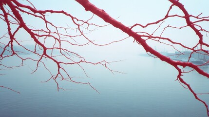 Red branches paint whispers across misty tides, invoking Solitude Day and surreal nature's embrace, poetic tranquility unveiled