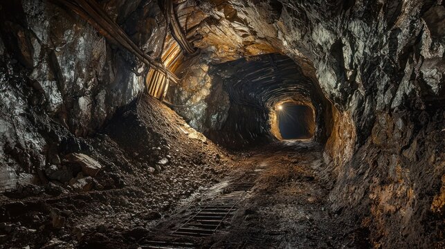 A dark, narrow tunnel with a wooden door at the end, illuminated by a single light source, with a rocky, earthy texture and a mix of warm and cool colors.