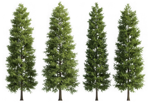 Four evergreen trees isolated on transparent background
