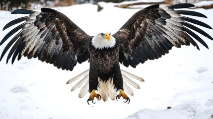 Fototapeta premium Bald Eagle Landing in Snow